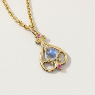 Multi Flash Rainbow Moonstone 14K Yellow Gold, Ruby & Diamond Accent