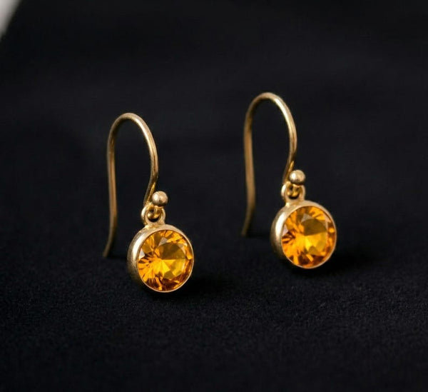 14k Gold Round Spessartite Garnet Dangle Earrings