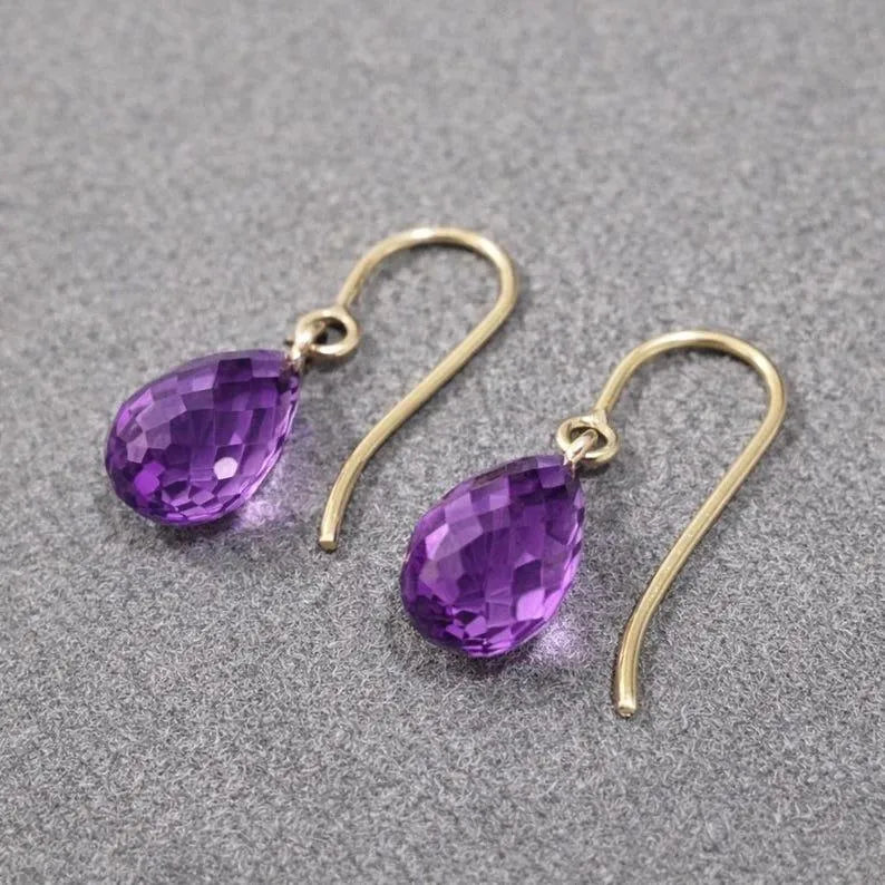 Natural Amethyst Teardrop Earrings in Solid 14k Gold - K Jewelry Accessories