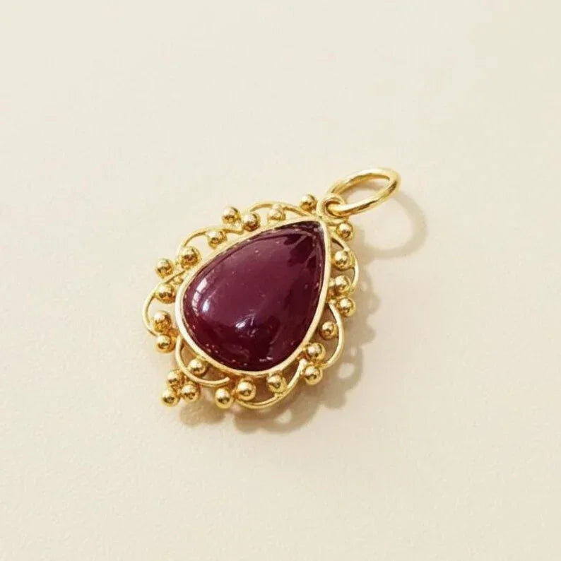 18k Gold Pear Ruby Pendant, Designer Gold Jewelry