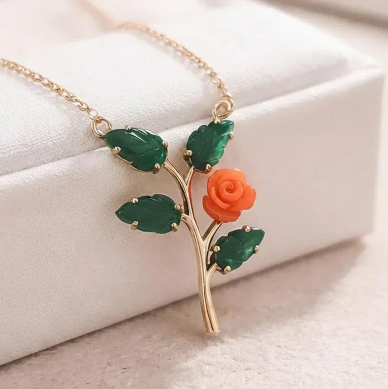 14k Gold Emerald Leaf & Coral Rose Pendant Necklace - K Jewelry Accessories