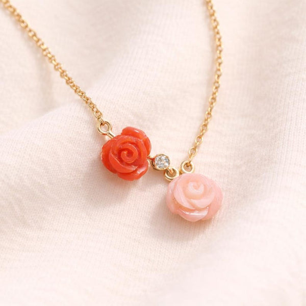 14K Gold Carved Coral Rose Pendant Necklace