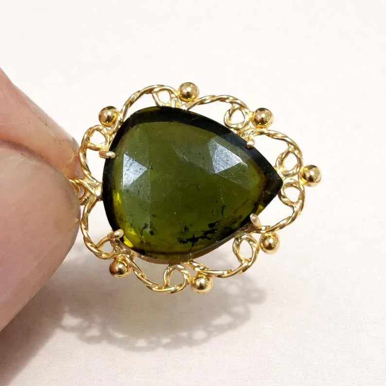 Handmade Natural Green Tourmaline 14K Gold Pendant