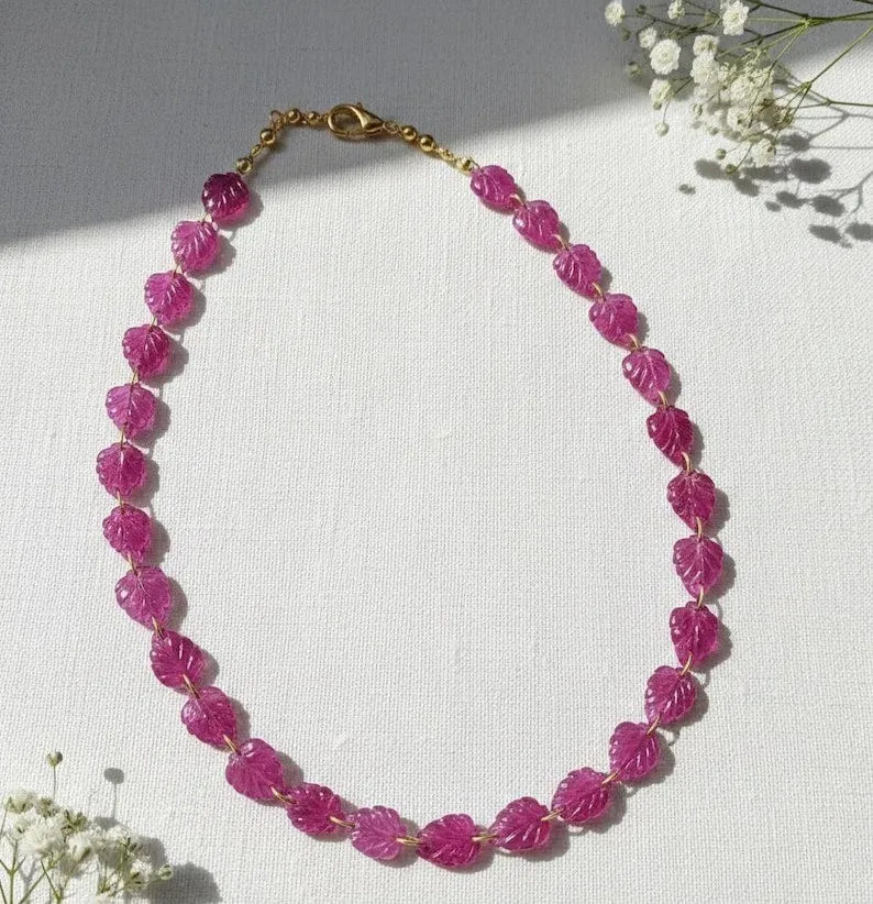Solid 14K Gold Drilled Genuine Ruby Necklace • Carved Botanical Jewelry