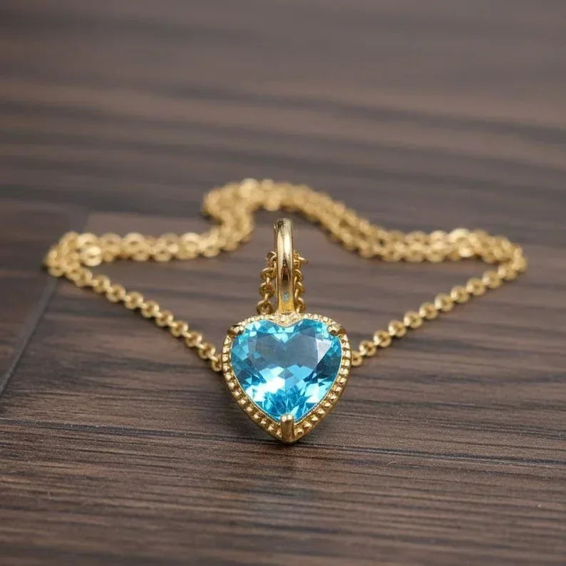 14K Solid Gold 7MM Heart Swiss Blue Topaz Pendant - K Jewelry Accessories
