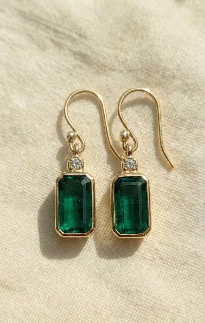 14K Gold Emerald Diamond Earrings, Deep Green Emerald Dangle Pair - K Jewelry Accessories