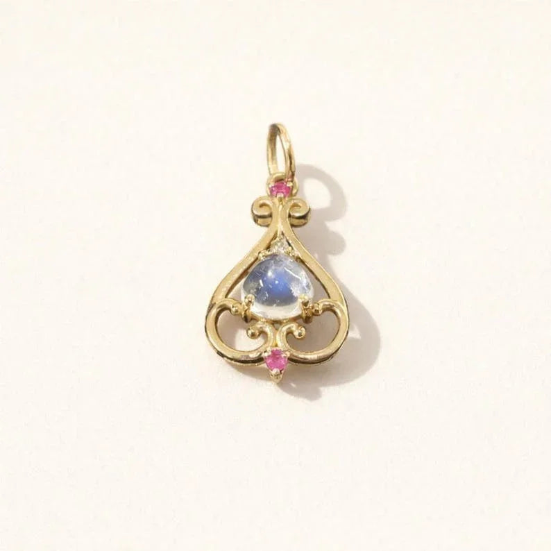 Multi Flash Rainbow Moonstone 14K Yellow Gold, Ruby & Diamond Accent