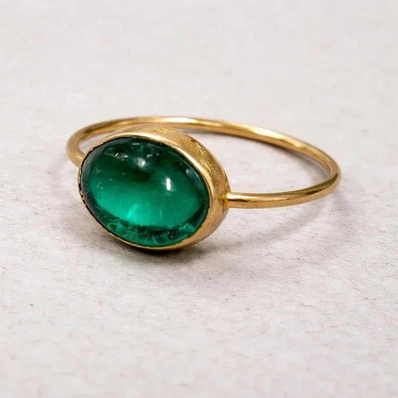 14k Gold Apatite Ring, Oval Green Cabochon - K Jewelry Accessories