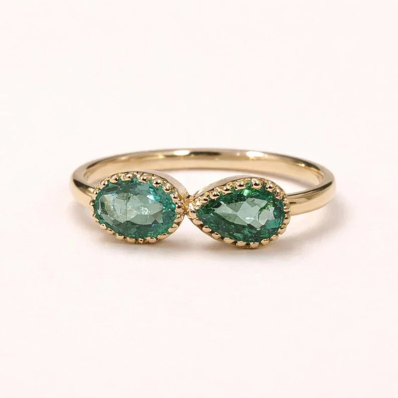 14K Gold Natural Emerald Ring | Toi et moi Engagement Ring