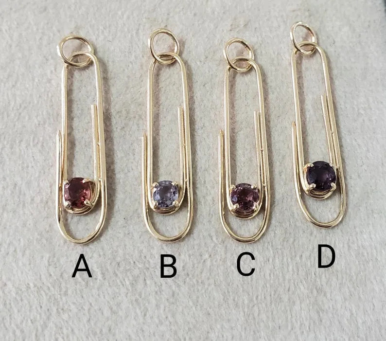 14k Gold Spinel Safety Pin Pendant, Minimalist Gemstone Charm