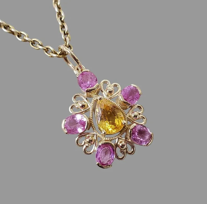 Natural Pink & Yellow Sapphire Pendant in 14k Gold