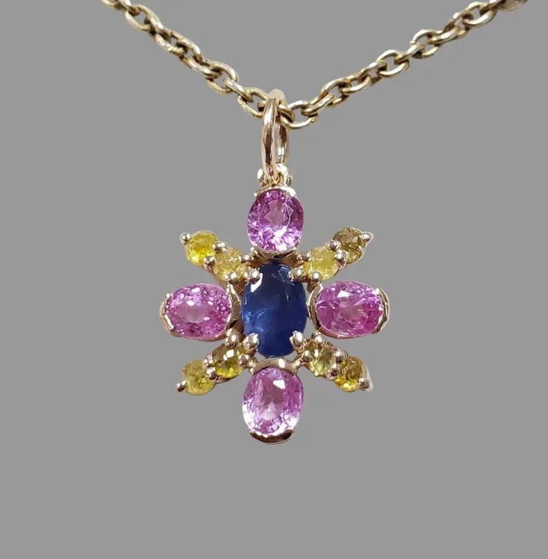 Blue & Pink Sapphire With Diamond Pendant in 14k Gold