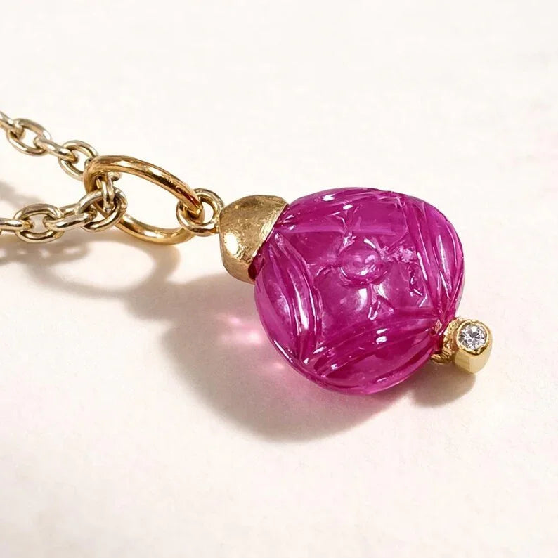 Flower Carving Ruby Diamond Pendant 14k Gold : Diamond Studded