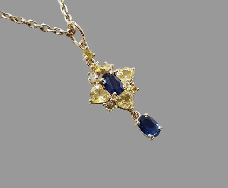 14k Gold Yellow & Blue Sapphire Diamond Charm Pendant