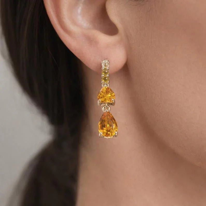 14k Gold Yellow Sapphire & Diamond Drop Earrings