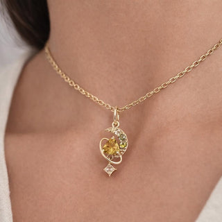 14K Solid Gold Yellow Sapphire Diamond Crescent Moon Pendant