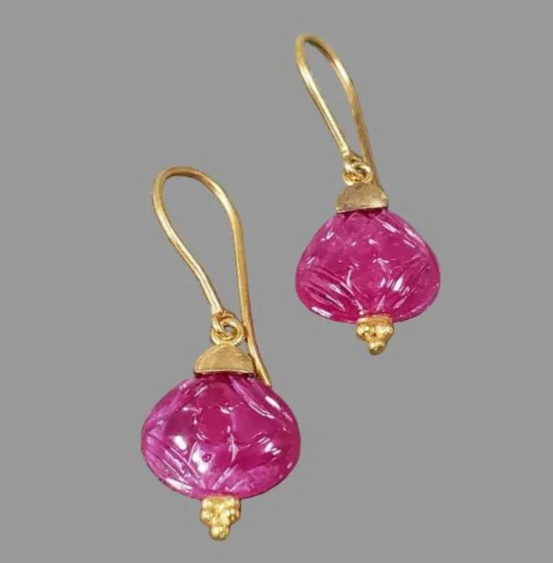 14K Gold Flower Carved Ruby Earrings | Dangle Floral