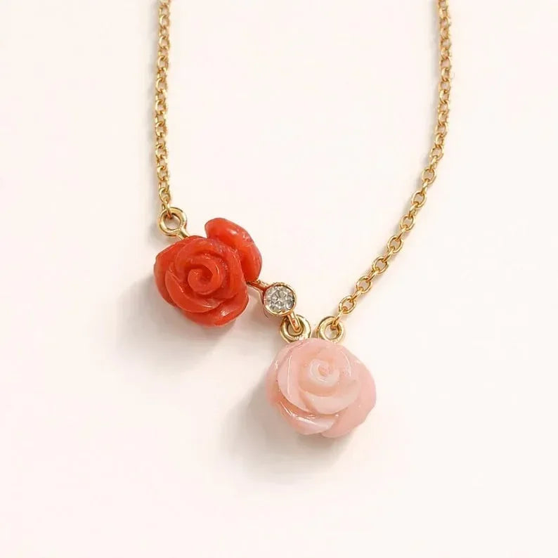 14K Gold Carved Coral Rose Pendant Necklace - K Jewelry Accessories