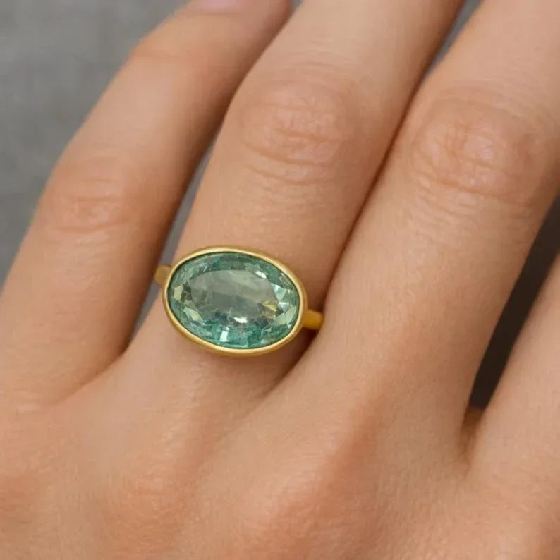 14k Solid Gold Green Apatite Oval Ring