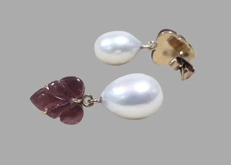 Solid 14K Gold Pearl Drops and Pink Tourmaline Earrings - K Jewelry Accessories