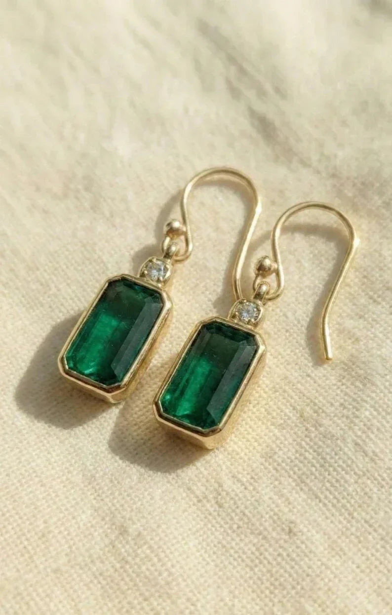 14K Gold Emerald Diamond Earrings, Deep Green Emerald Dangle Pair - K Jewelry Accessories