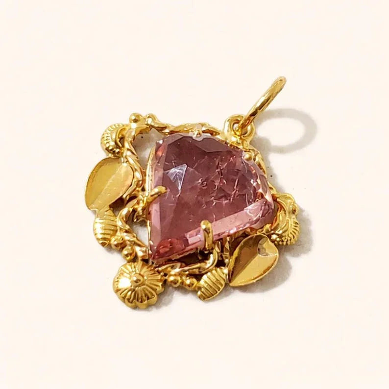 Natural Pink Tourmaline 14k Gold Pendant, Heirloom Jewelry, Vintage style