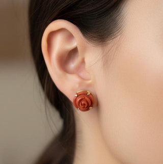 14k Gold Red Coral Rose Stud Earrings, Natural Coral Flower Earrings