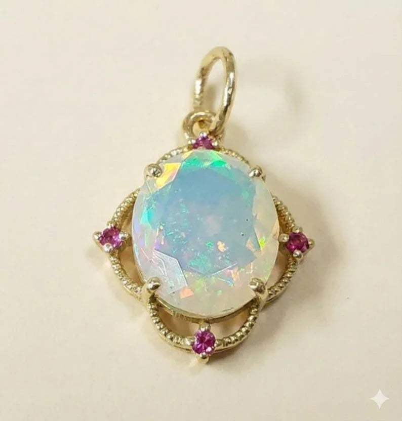 14k Gold Multi Flash Ethiopian Opal & Ruby Pendant : Classic Design