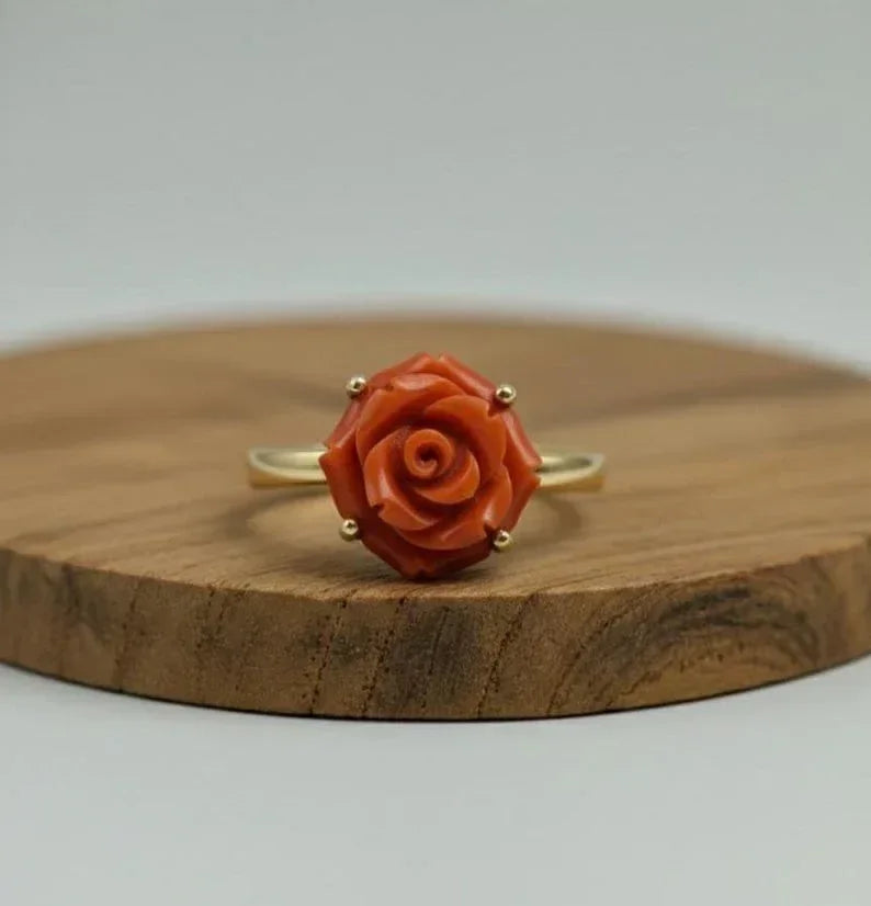 14K Gold Red Coral Rose Ring, Flower Carving - K Jewelry Accessories