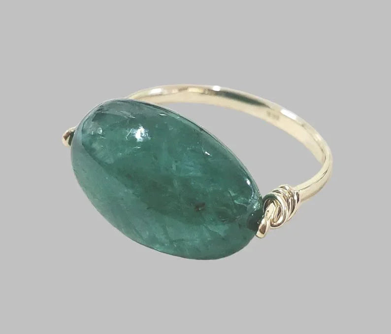 14k Gold Emerald Ring • Natural Zambian Emerald Tumble Gemstone Ring