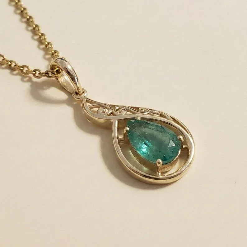 14K Solid Gold Zambian Emerald Pendant, Pear Shaped, Heirloom Jewelry