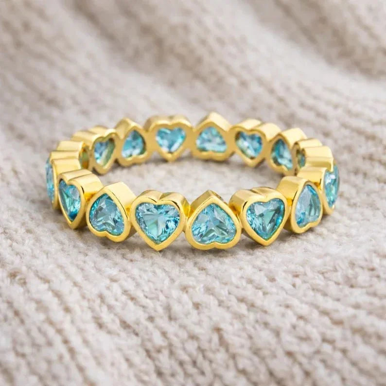 14k Gold Blue Apatite Heart Eternity Band, Apatite Wedding Ring