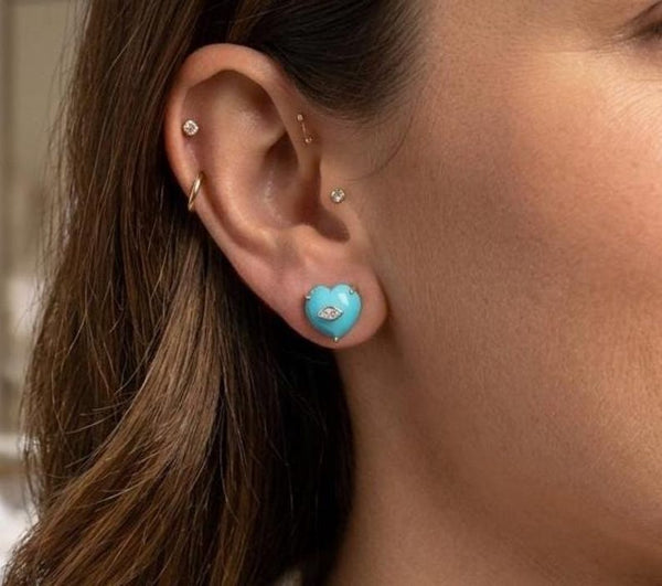14k Gold Turquoise Heart Stud Earrings with Diamond Accent