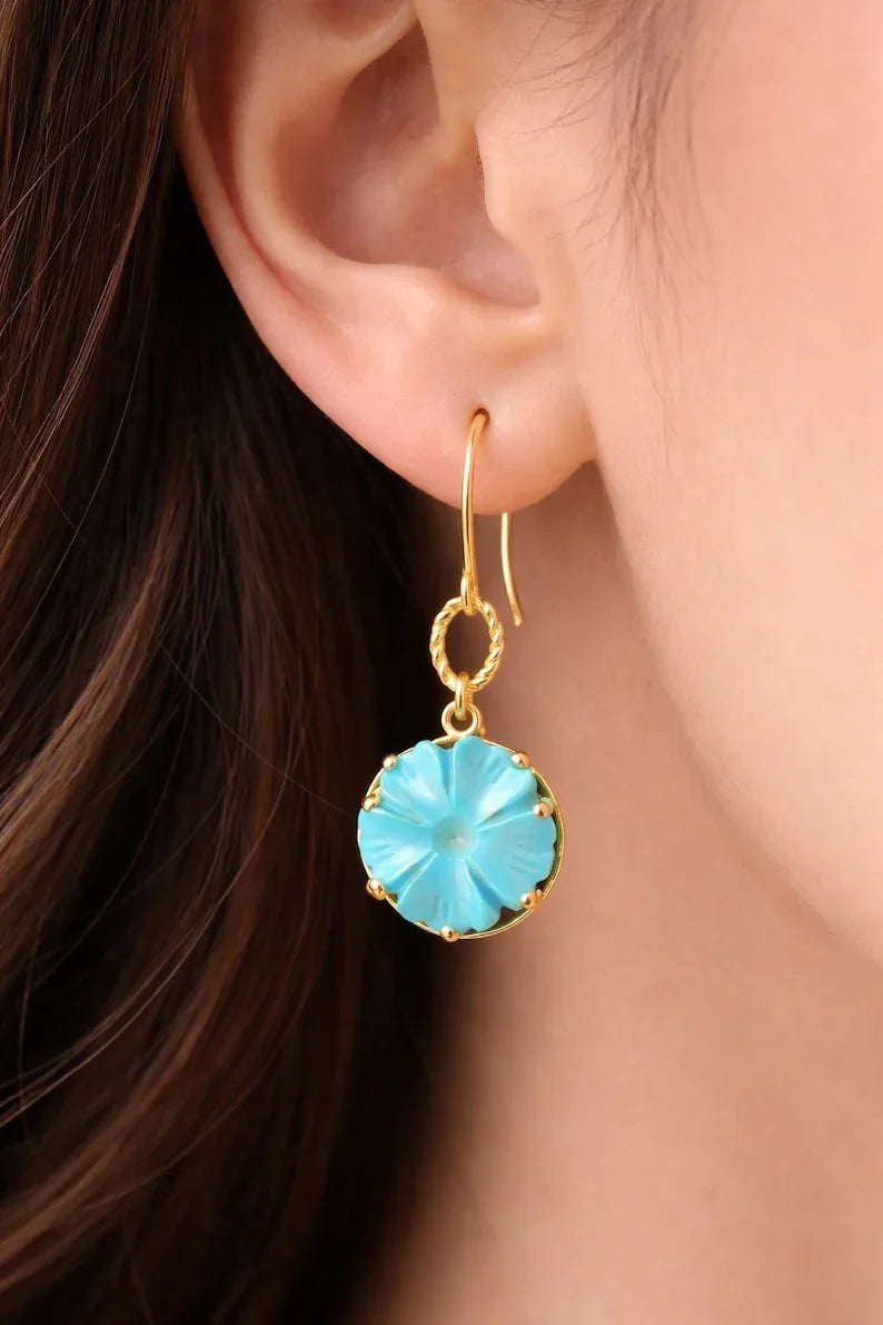 14k Gold Carved Turquoise Flower Earrings, Ear Hook Dangle Earrings, Sold By Pair