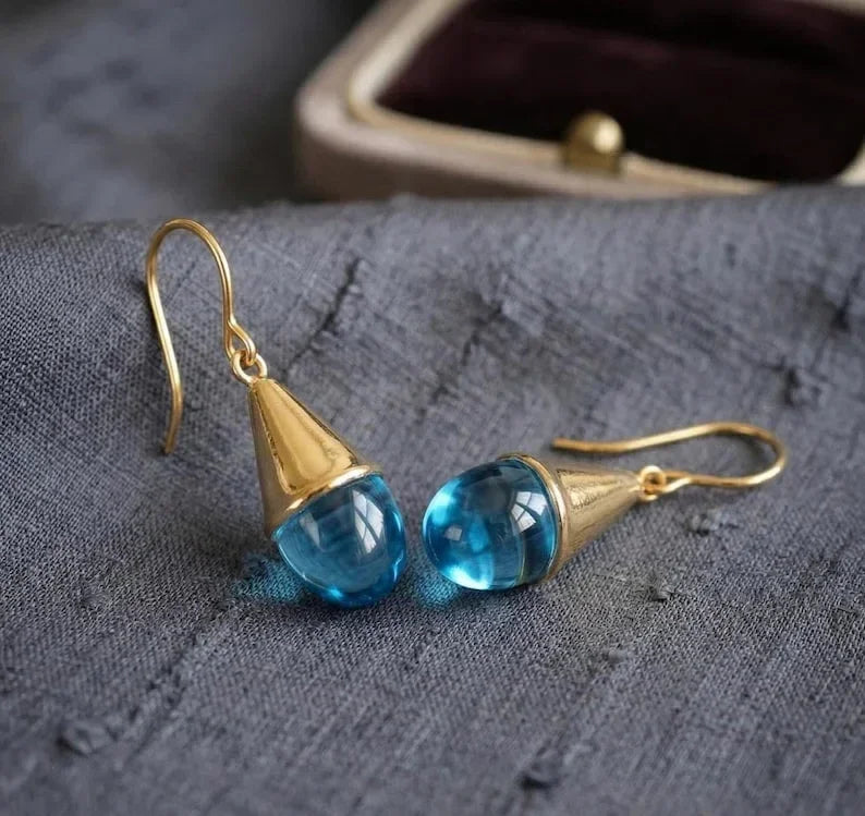 18k Gold Swiss Blue Topaz Drop Earrings, Dangle Earrings