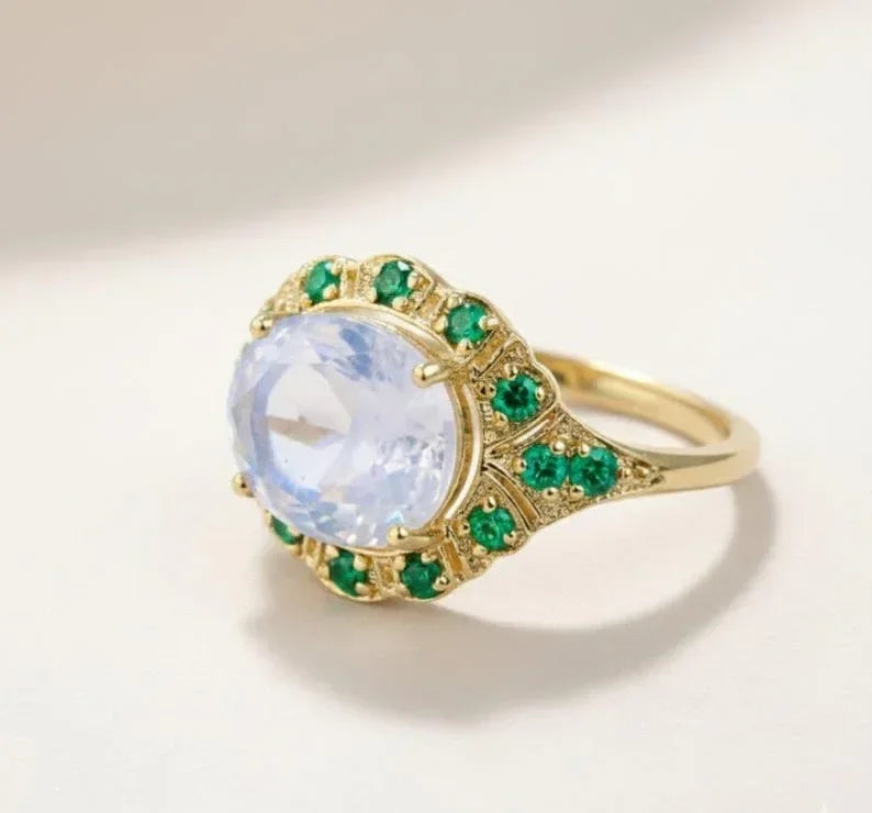 14K Gold Rainbow Moonstone & Emerald Ring