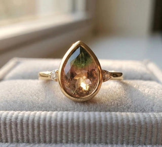 14K Gold Multi Tourmaline Diamond Ring, Pear Cut, Everyday Ring