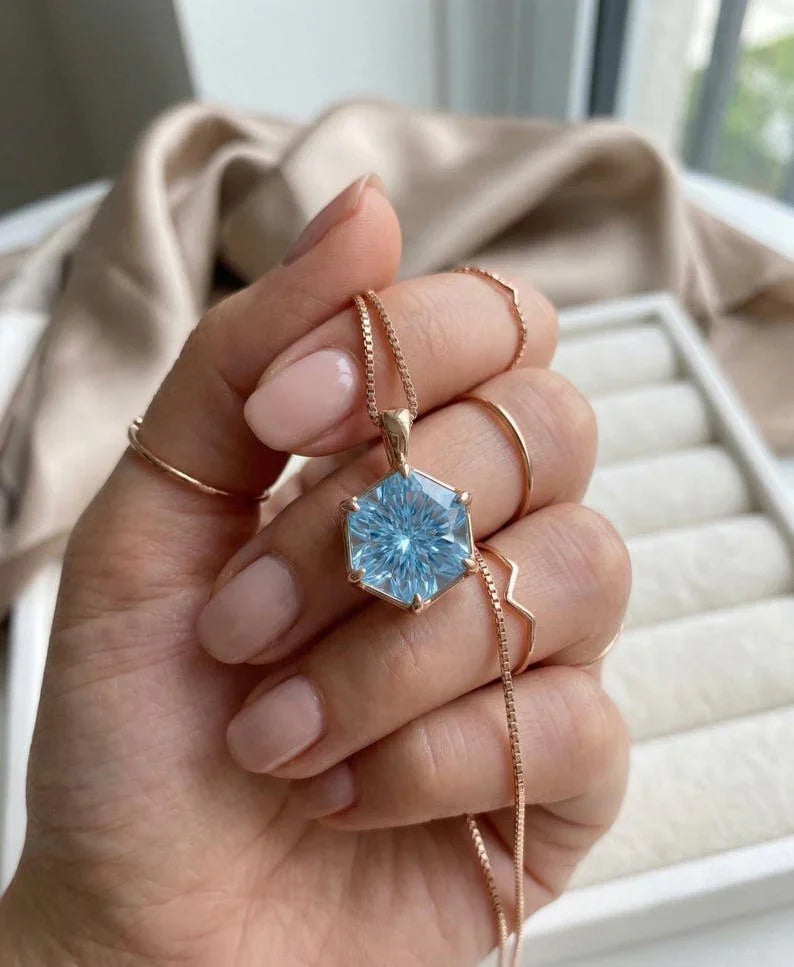 14k Gold Swiss Blue Topaz Pendant, Hexagon Star Cut Blue Topaz Necklace