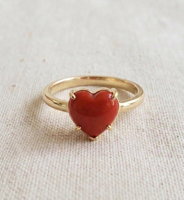 14K Gold Heart Coral Ring, Natural Red Italian Gemstone