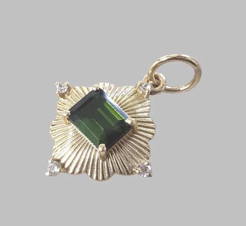 14k Gold Green Tourmaline & Diamond Pendant: Emerald Cut Gemstone