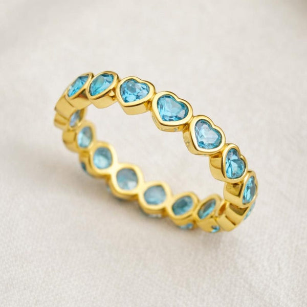 14k Gold Blue Apatite Heart Eternity Band, Apatite Wedding Ring