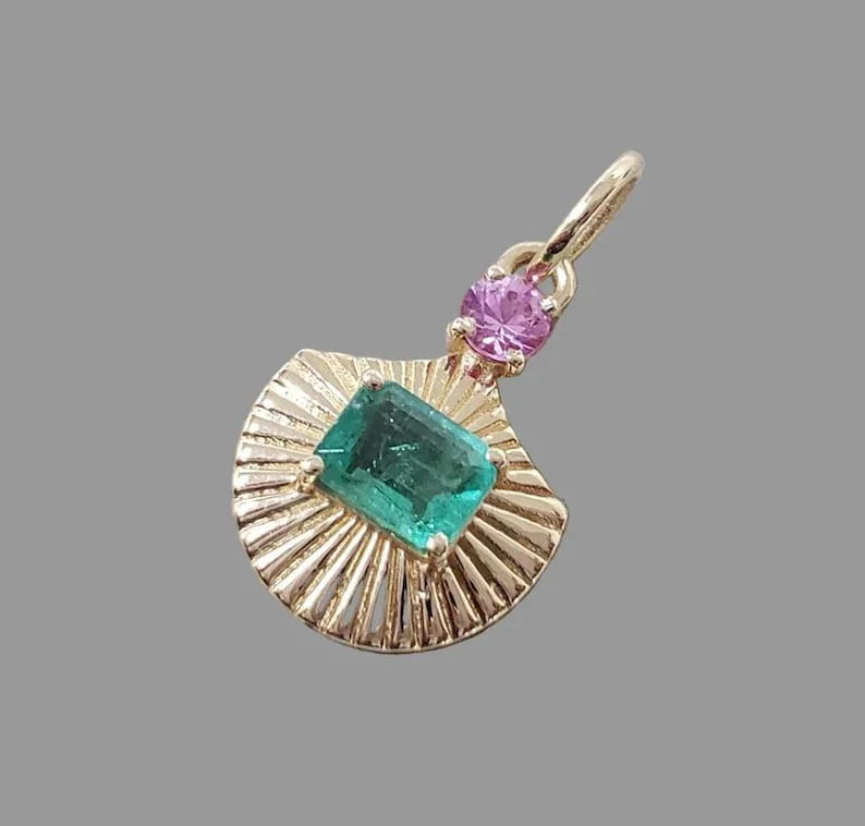Natural Emerald and Pink Sapphire Pendant in 14k Gold