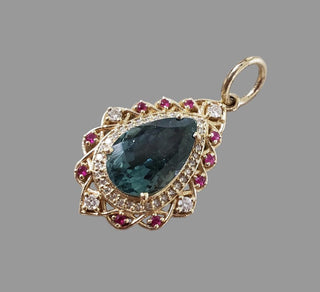 14k Solid Gold Lagoon Tourmaline Pendant with Diamonds and Rubies