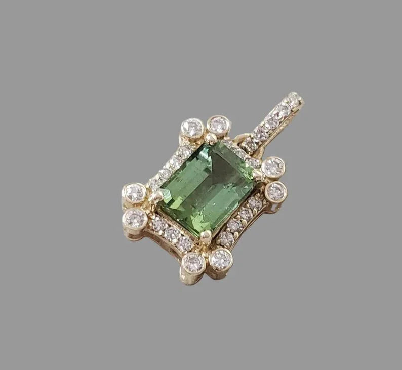14k Solid Gold Green Tourmaline Pendant with Diamond Halo