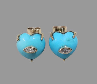 14k Gold Turquoise Heart Stud Earrings with Diamond Accent
