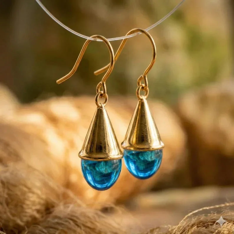 18k Gold Swiss Blue Topaz Drop Earrings, Dangle Earrings