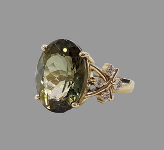 Teal Green Tourmaline With Diamond Ring in 14K Gold