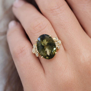 Teal Green Tourmaline With Diamond Ring in 14K Gold