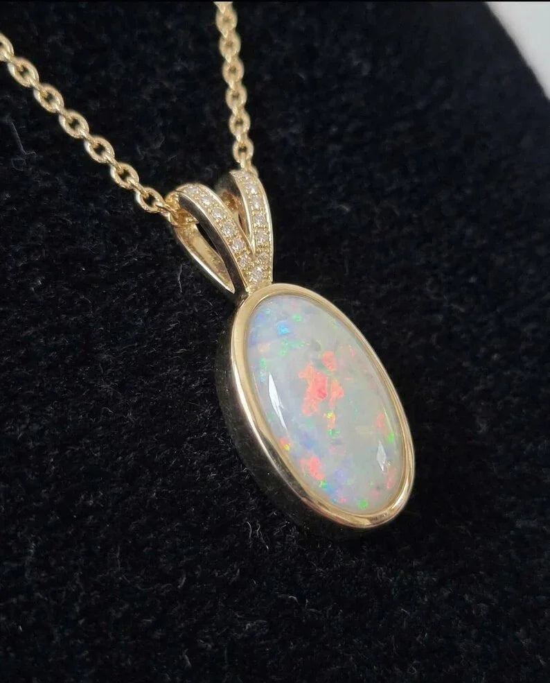 14k Gold Australian Opal & Diamond Pendant Necklace, Natural Opal Pendant
