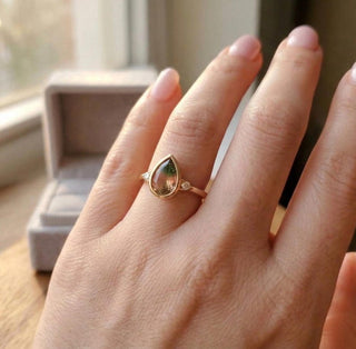 14K Gold Multi Tourmaline Diamond Ring, Pear Cut, Everyday Ring